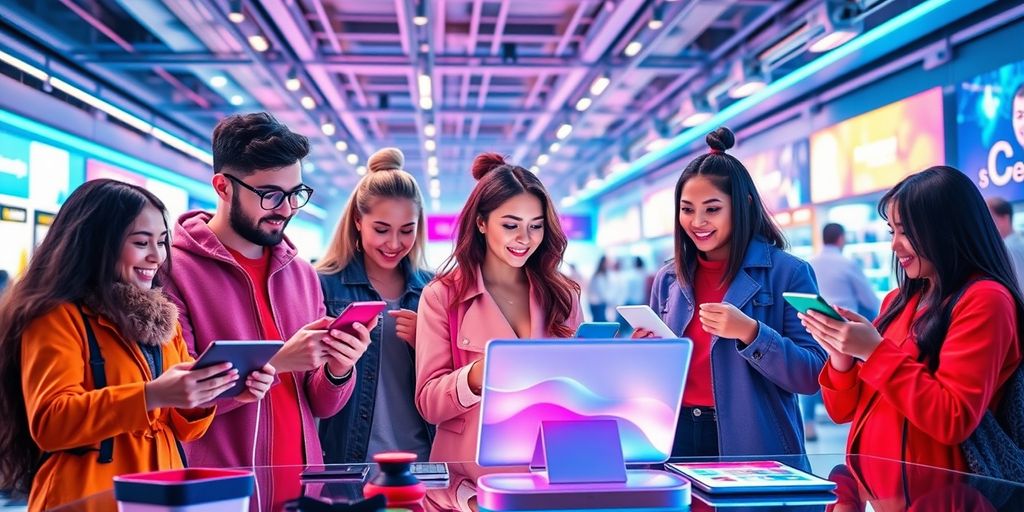 Diverse influencers engaging with technology in e-commerce.