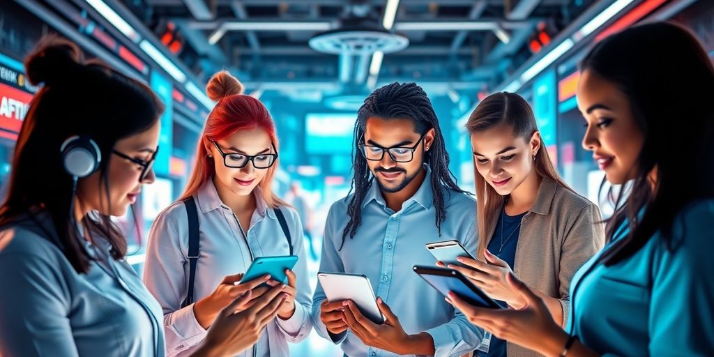 Futuristic digital marketplace with diverse individuals and devices.