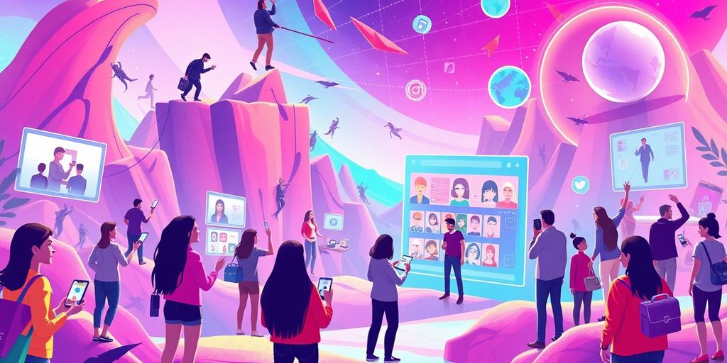 Diverse influencers engaging with futuristic e-commerce technology.