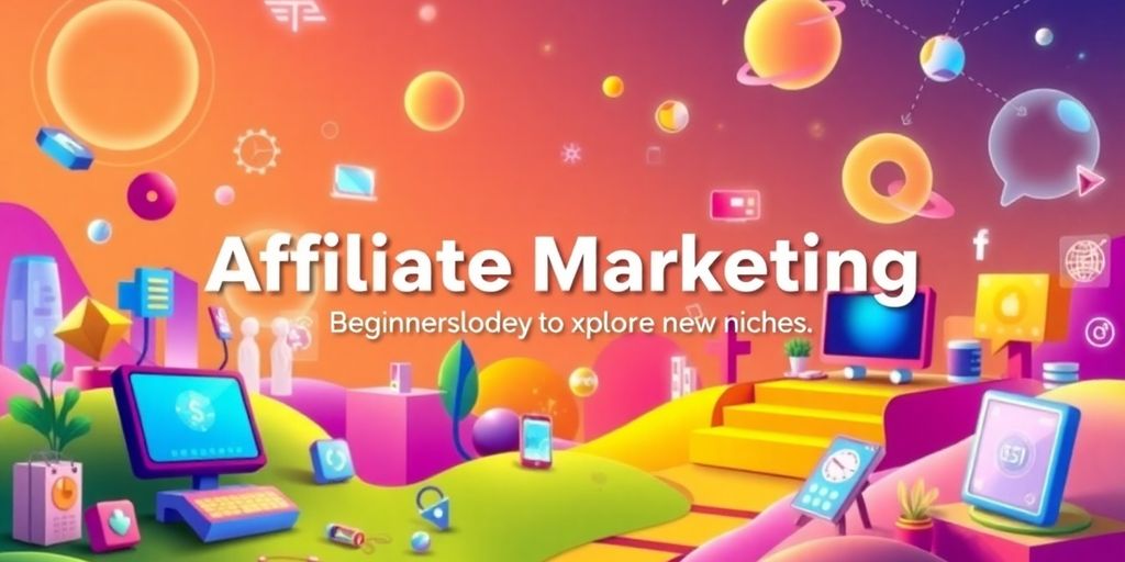 Futuristic e-commerce landscape with diverse products and technology.