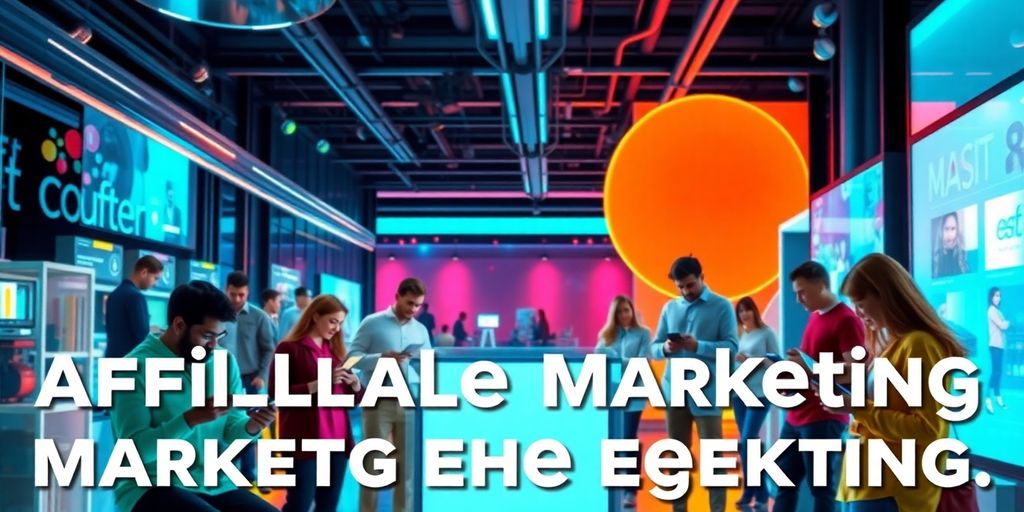 Futuristic e-commerce scene with diverse individuals and technology.