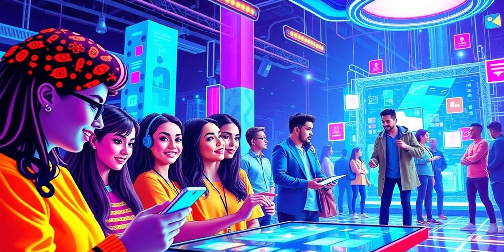 Diverse influencers engaging with futuristic e-commerce technology.