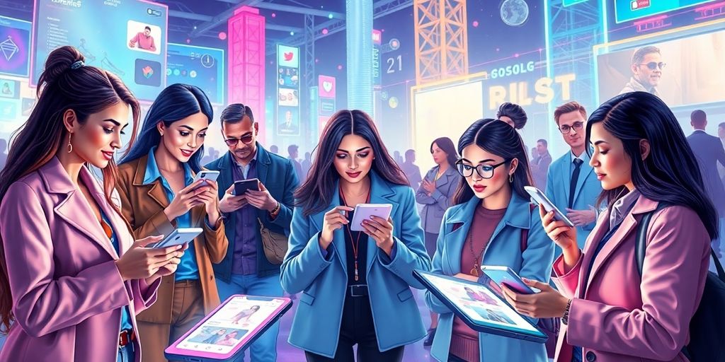 Diverse influencers engaging with futuristic e-commerce technology.