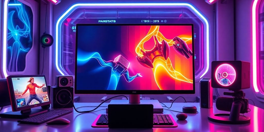 Futuristic workspace with technology and video content.