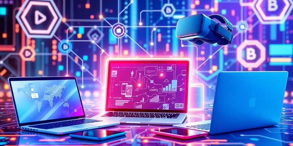 Futuristic e-commerce devices in a tech-inspired setting.