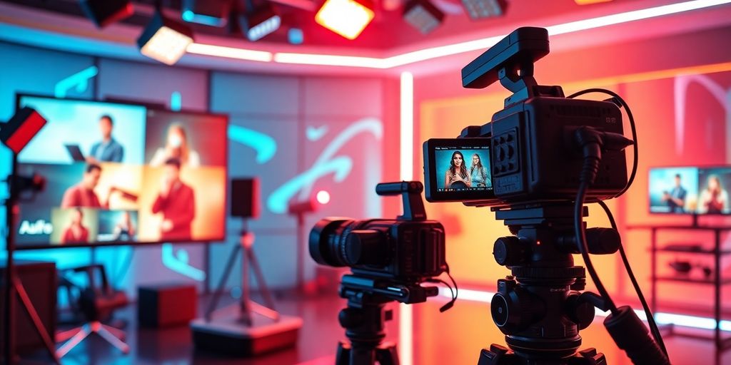 Futuristic video production setup with high-tech equipment.