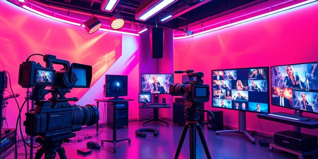 Futuristic e-commerce setup with video production equipment.