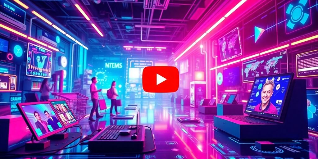 Futuristic e-commerce scene with digital devices and videos.