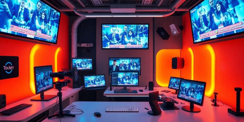 Futuristic workspace with high-tech video marketing tools.