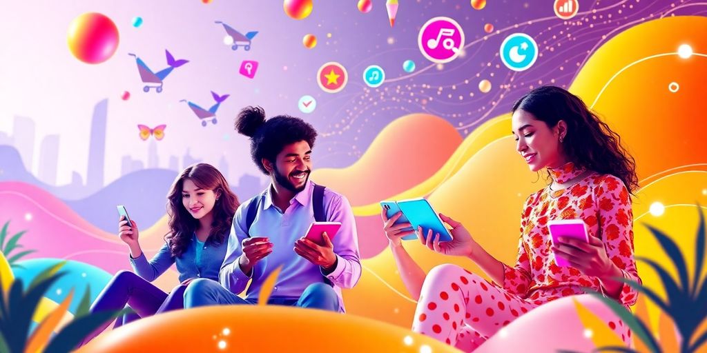 Diverse influencers with futuristic e-commerce technology in a digital landscape.