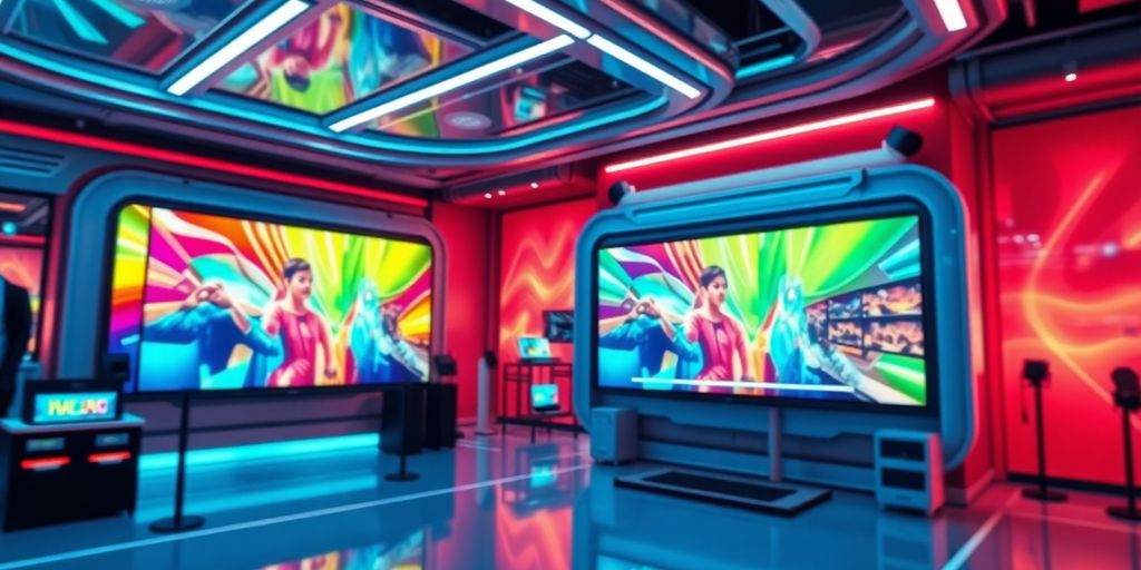 Futuristic e-commerce scene with engaging video content.