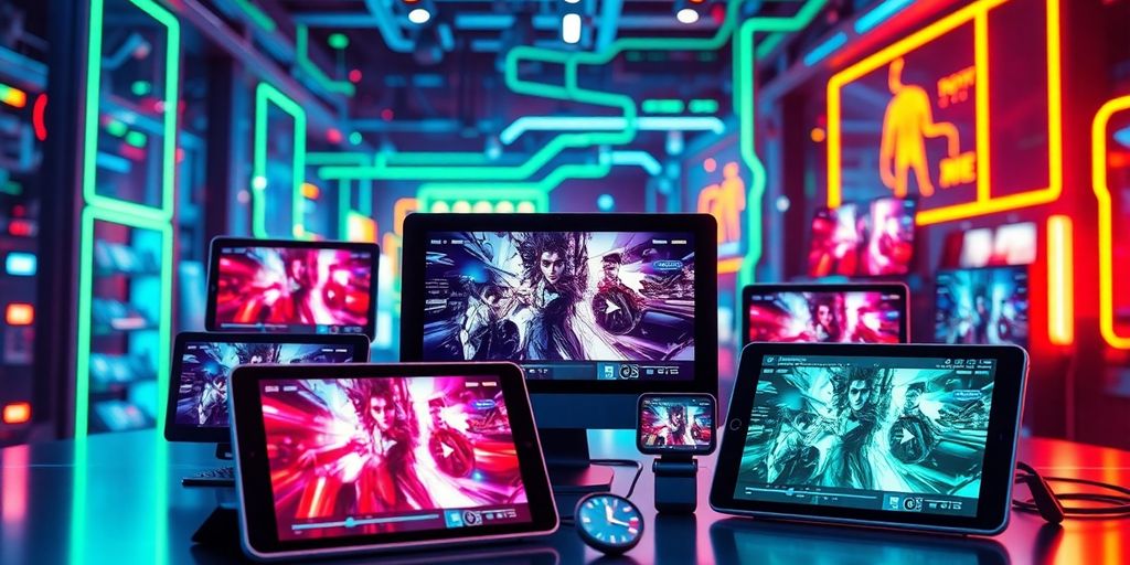 Futuristic e-commerce with vibrant video content on devices.