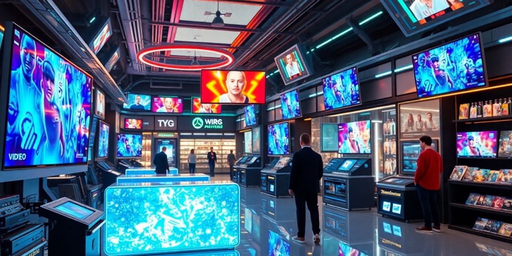 Futuristic digital marketplace with vibrant video displays.