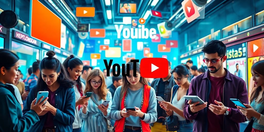 Diverse people engaging with technology in a futuristic setting.