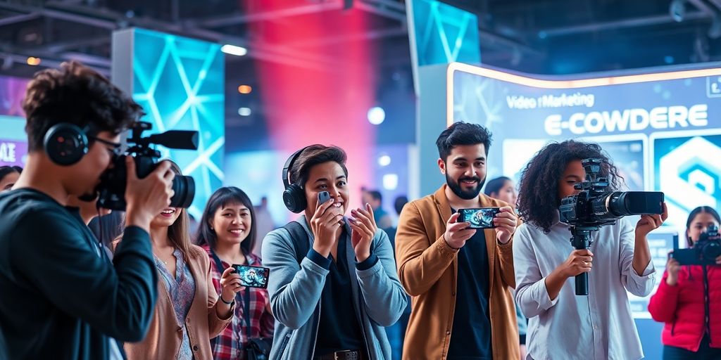 Diverse creators filming with advanced technology in a vibrant setting.