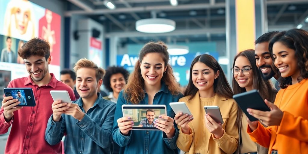 Diverse people creating video content in a futuristic setting.