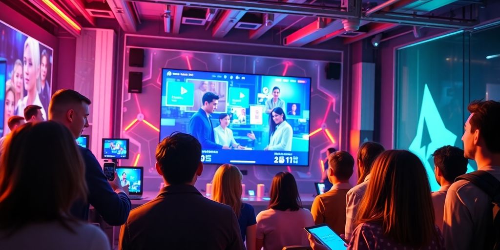 Futuristic e-commerce scene with engaged viewers and technology.