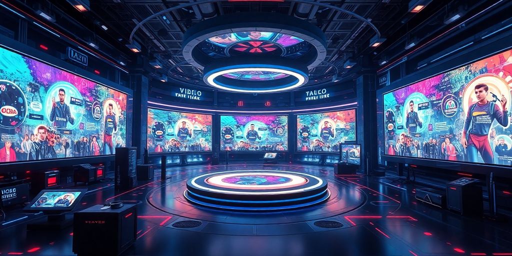 Futuristic digital landscape with vibrant video screens.