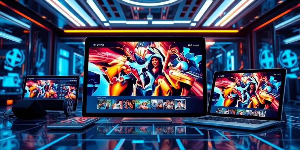 Futuristic e-commerce with vibrant video content on devices.