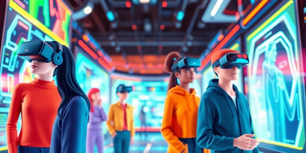 Futuristic digital landscape with avatars and technology.