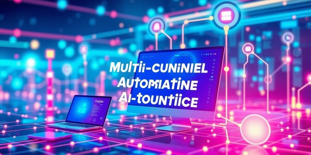 Futuristic digital landscape with interconnected marketing devices.