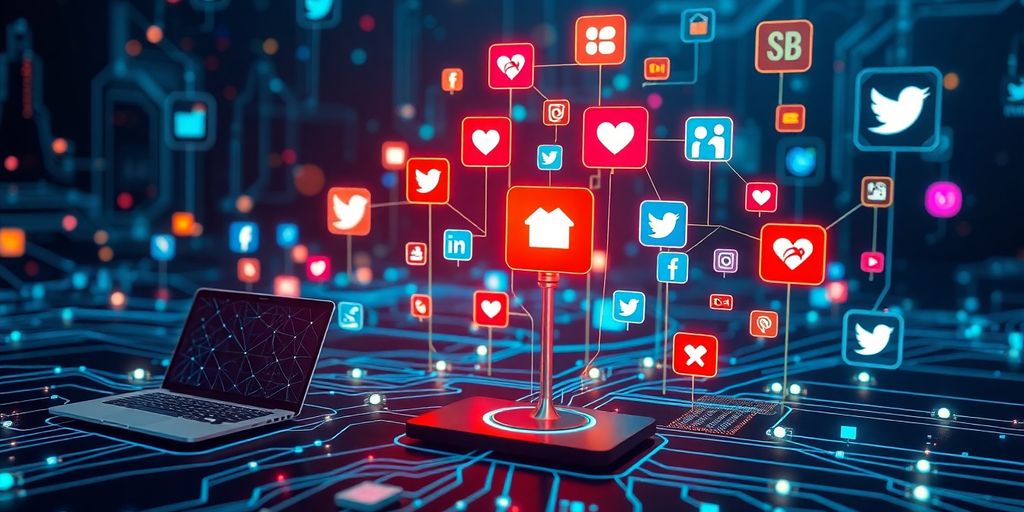 Futuristic digital landscape with social media icons and devices.