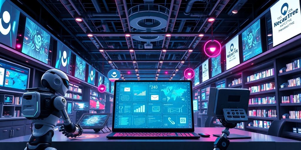 Futuristic e-commerce with advanced technology and automation.