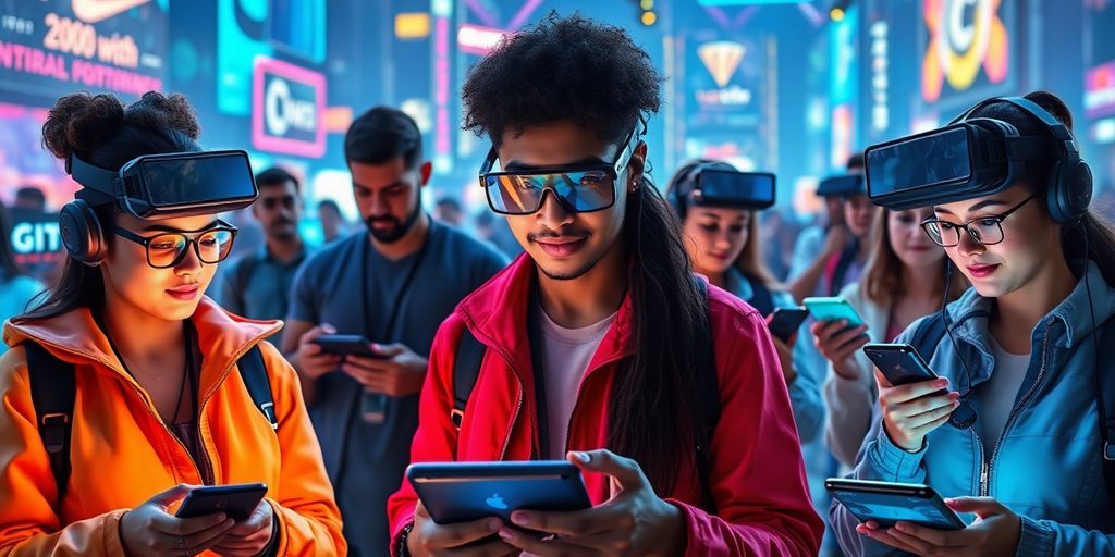 Diverse people using futuristic technology in e-commerce.