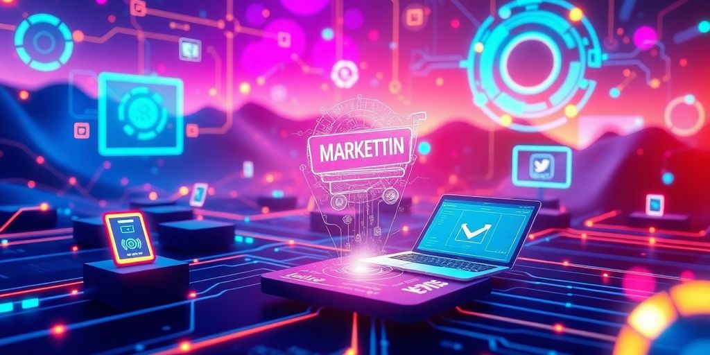 Futuristic digital landscape with interconnected devices and colors.