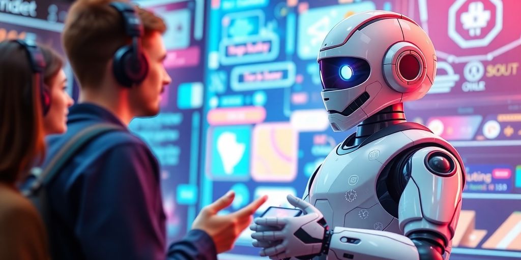 Futuristic chatbot interacting with customers in e-commerce.