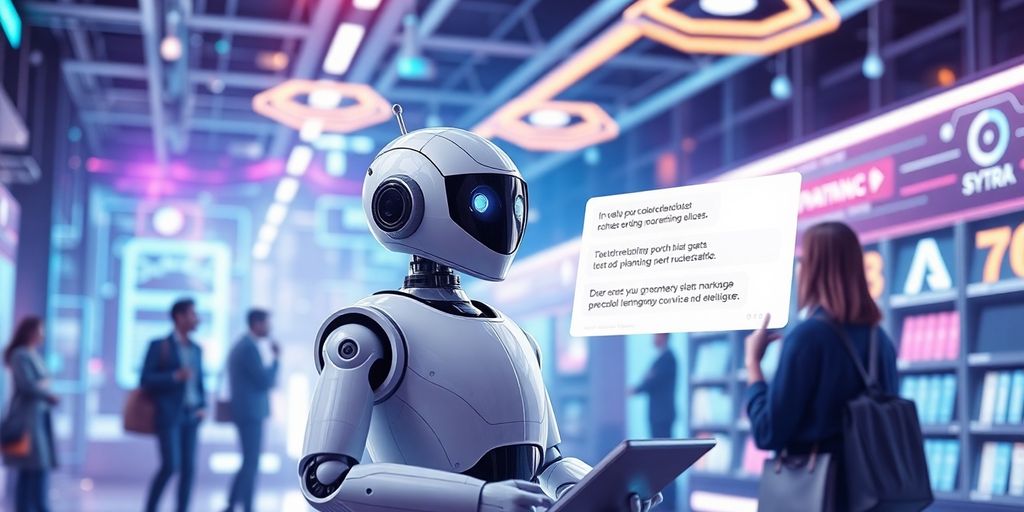 Futuristic e-commerce scene with chatbot interaction.