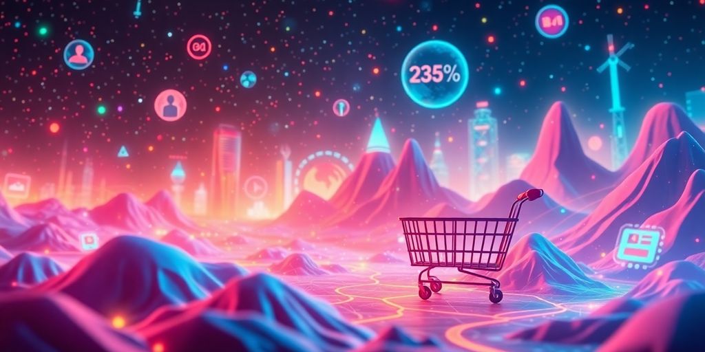 Futuristic e-commerce landscape with vibrant digital elements.