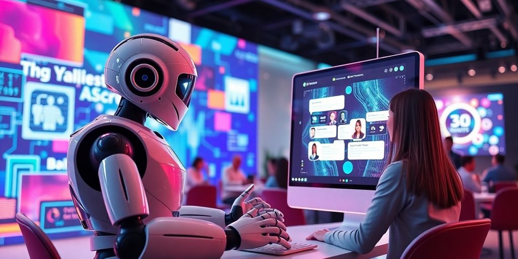 Futuristic chatbot interacting in an online event setting.