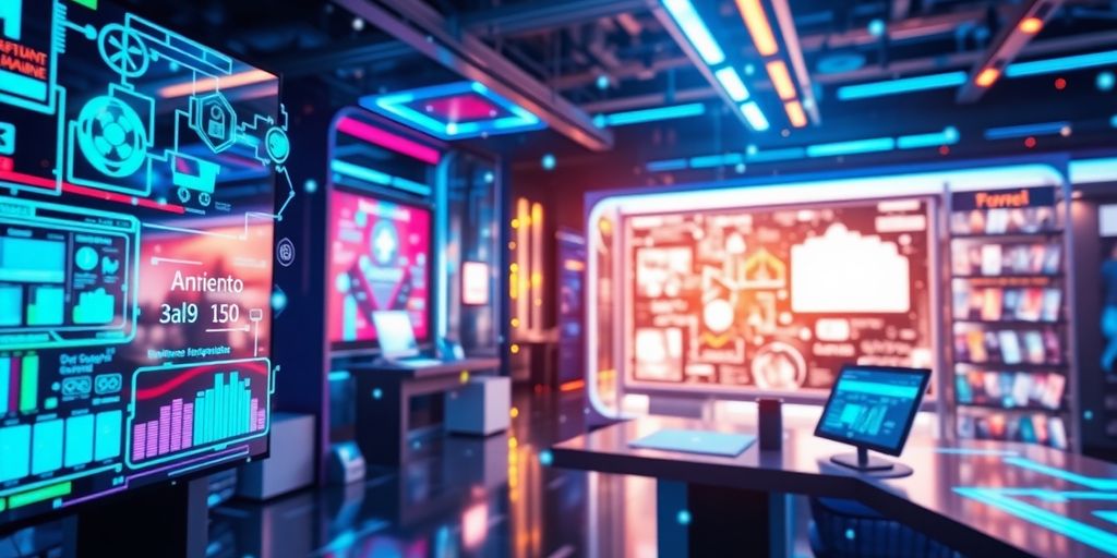 Futuristic e-commerce scene with advanced technology elements.