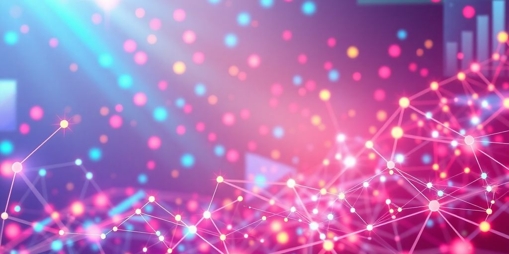 Futuristic digital landscape with interconnected nodes and colors.