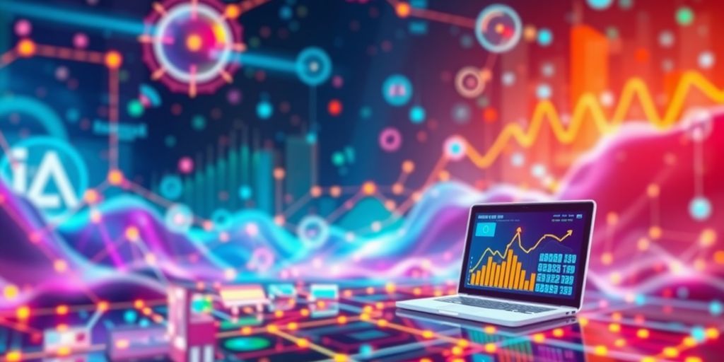 Futuristic digital landscape with interconnected devices and colors.