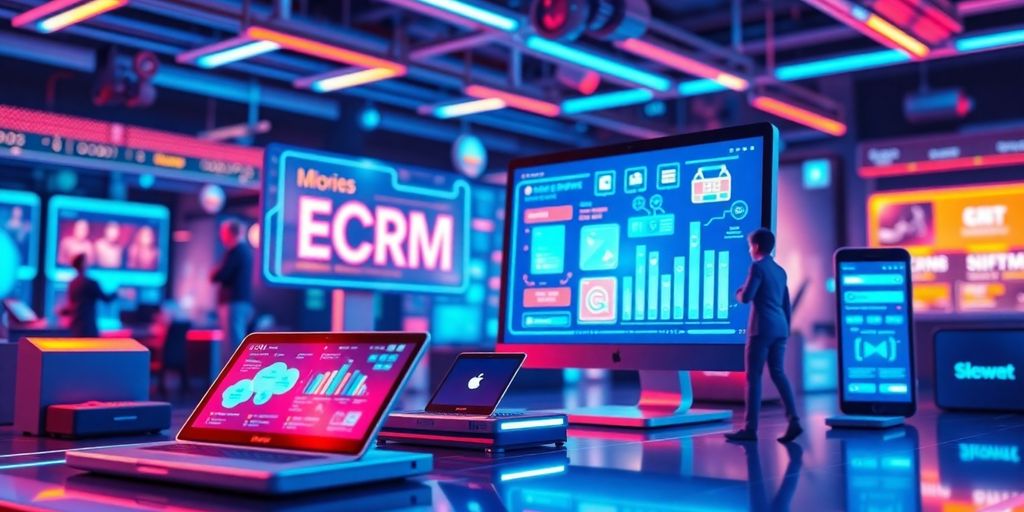 Futuristic e-commerce scene with advanced technology and devices.