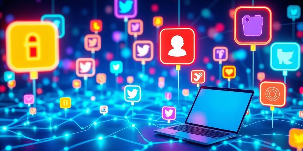 Futuristic e-commerce with social media icons and devices.