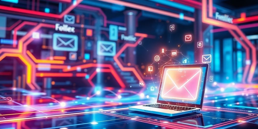 Futuristic digital landscape with technology and email elements.