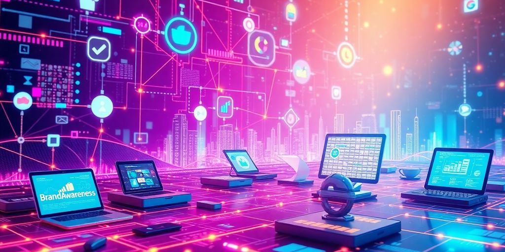 Futuristic digital landscape with interconnected devices and colors.