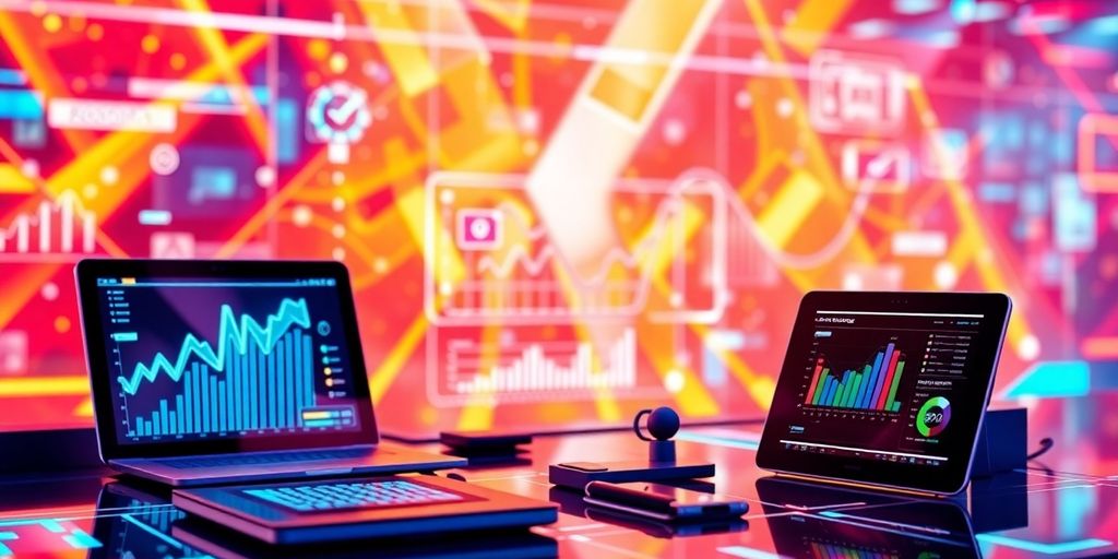 Futuristic e-commerce technology with sleek devices and interfaces.