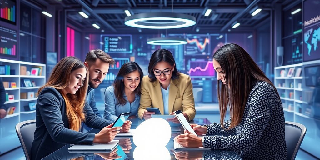 Team collaboration in a futuristic e-commerce workspace.