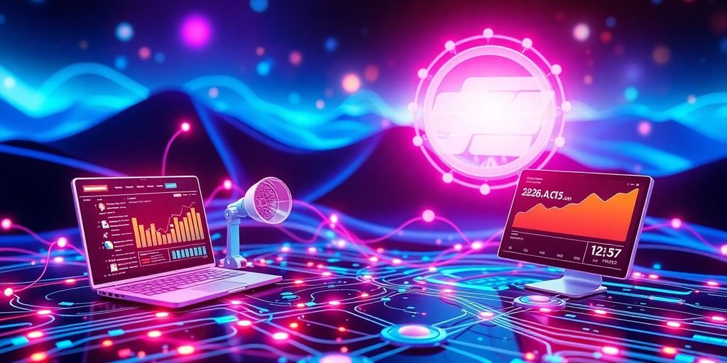 Futuristic digital landscape with interconnected devices and colors.