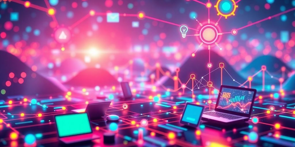 Futuristic digital landscape with interconnected devices and colors.