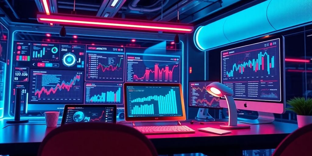 Futuristic digital workspace with advanced marketing technology tools.