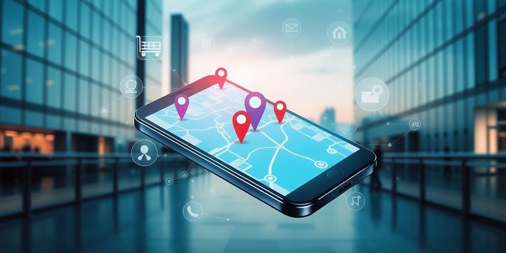 Futuristic mobile device with map and location pins.