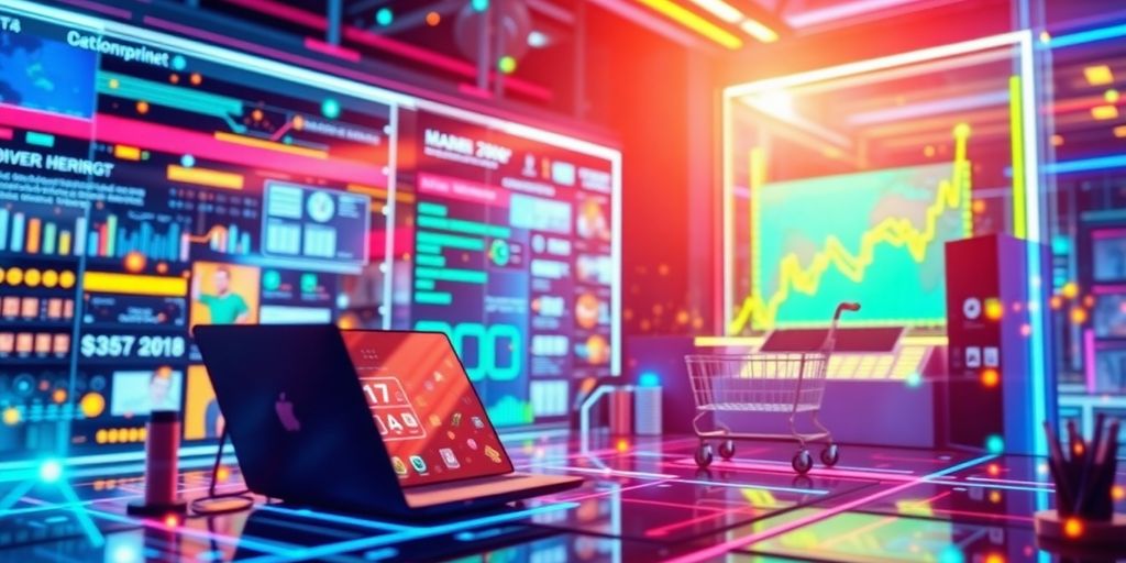 Futuristic e-commerce technology in a vibrant setting.