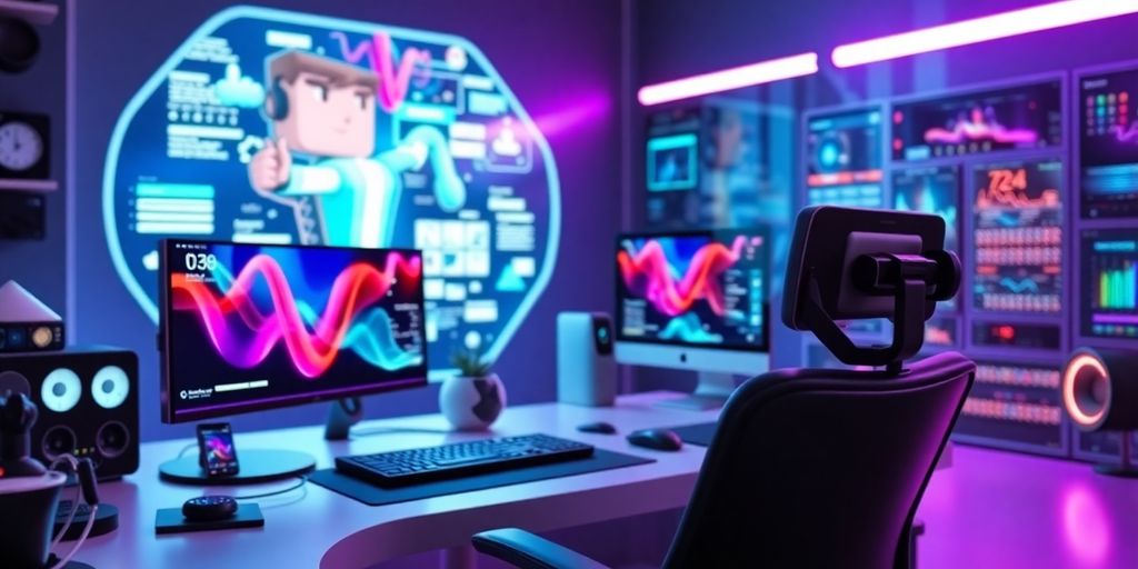 Futuristic workspace with advanced technology for marketing.