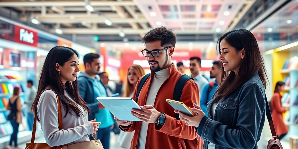 Futuristic e-commerce scene with diverse customers and technology.