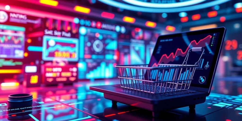 Futuristic e-commerce scene with advanced technology elements.